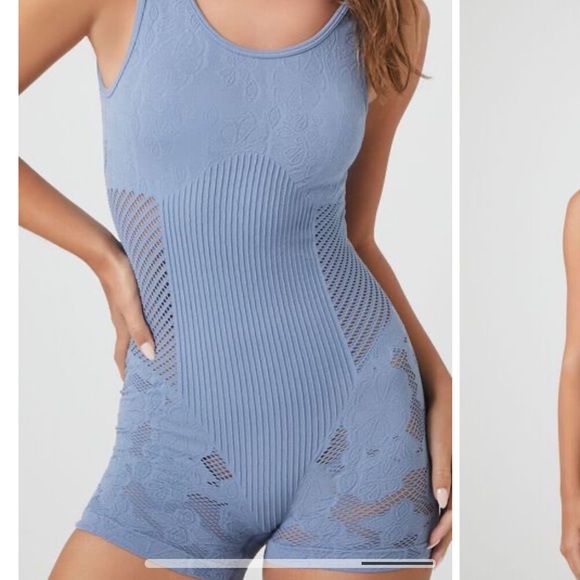 Blue ribbed bodysuit active romper mesh lace sides - Picture 4 of 4